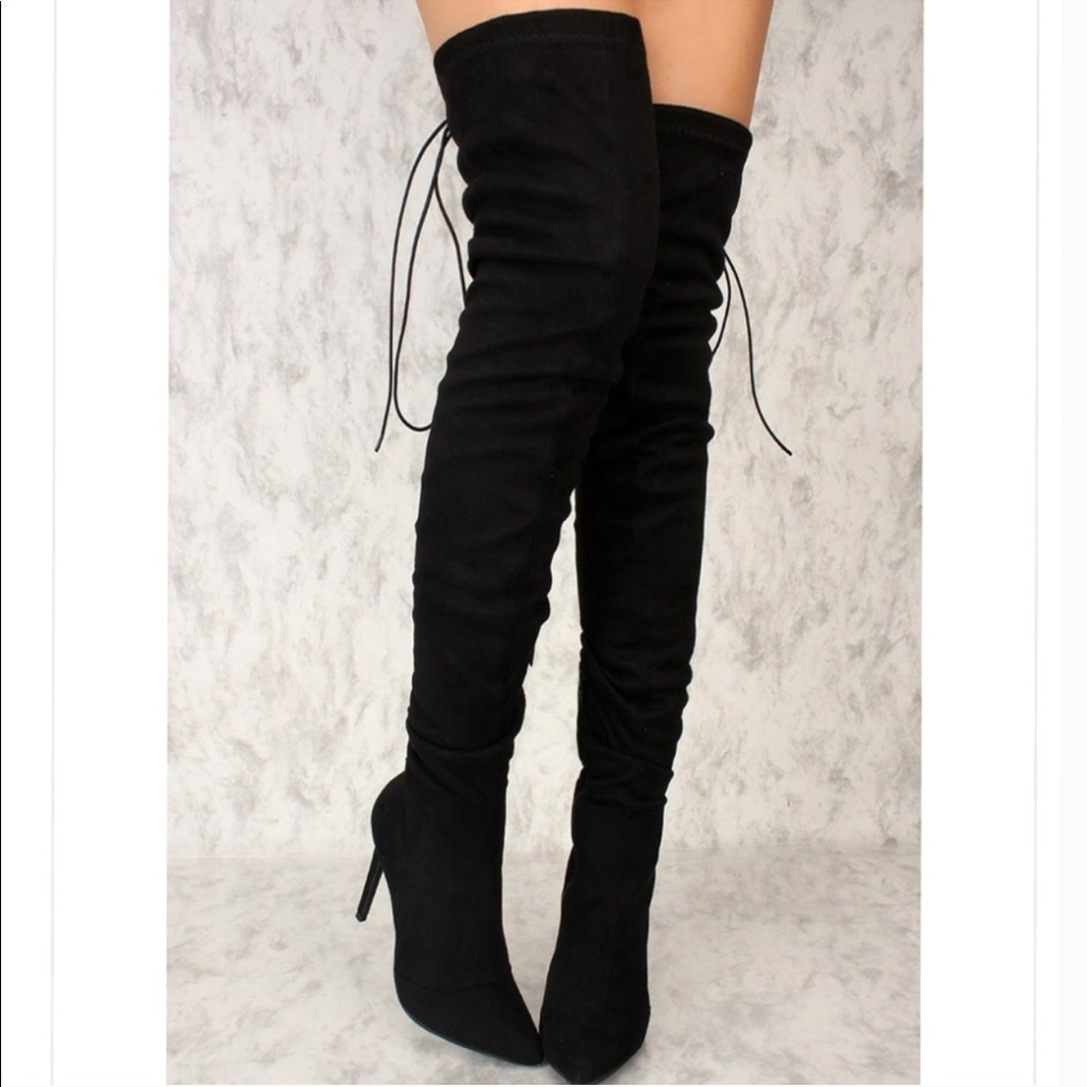 Stretchy Over the Knee Lace Up Boots in Black - Picture 5 of 16